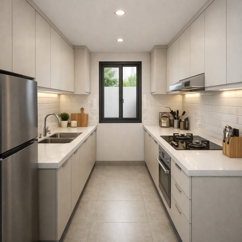 Galley kitchen dua sisi yang rapi dan efisien untuk dapur sempit