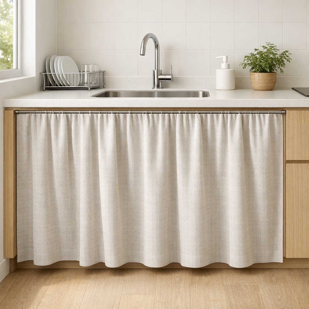 Gorden kolong dapur dengan motif geometris kecil bisa jadi aksen manis tanpa menghilangkan kesan minimalis—solusi sederhana dan hemat untuk dapur yang terasa terlalu polos