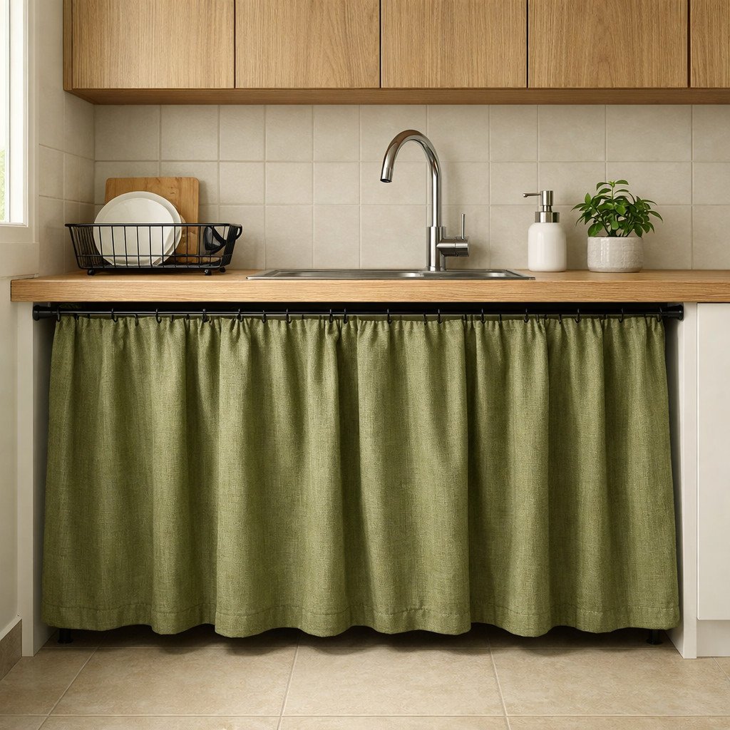 Gorden kolong dapur warna earth tone menghadirkan suasana hangat dan natural, sekaligus menyatu sempurna dengan elemen kayu—pilihan tepat untuk dapur minimalis tropis yang tetap nyaman dan fungsional