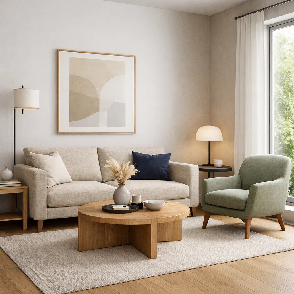 Ilustrasi ruang keluarga modern dengan kombinasi warna netral dan aksen lembut yang menunjukkan bagaimana warna membentuk suasana interior rumah