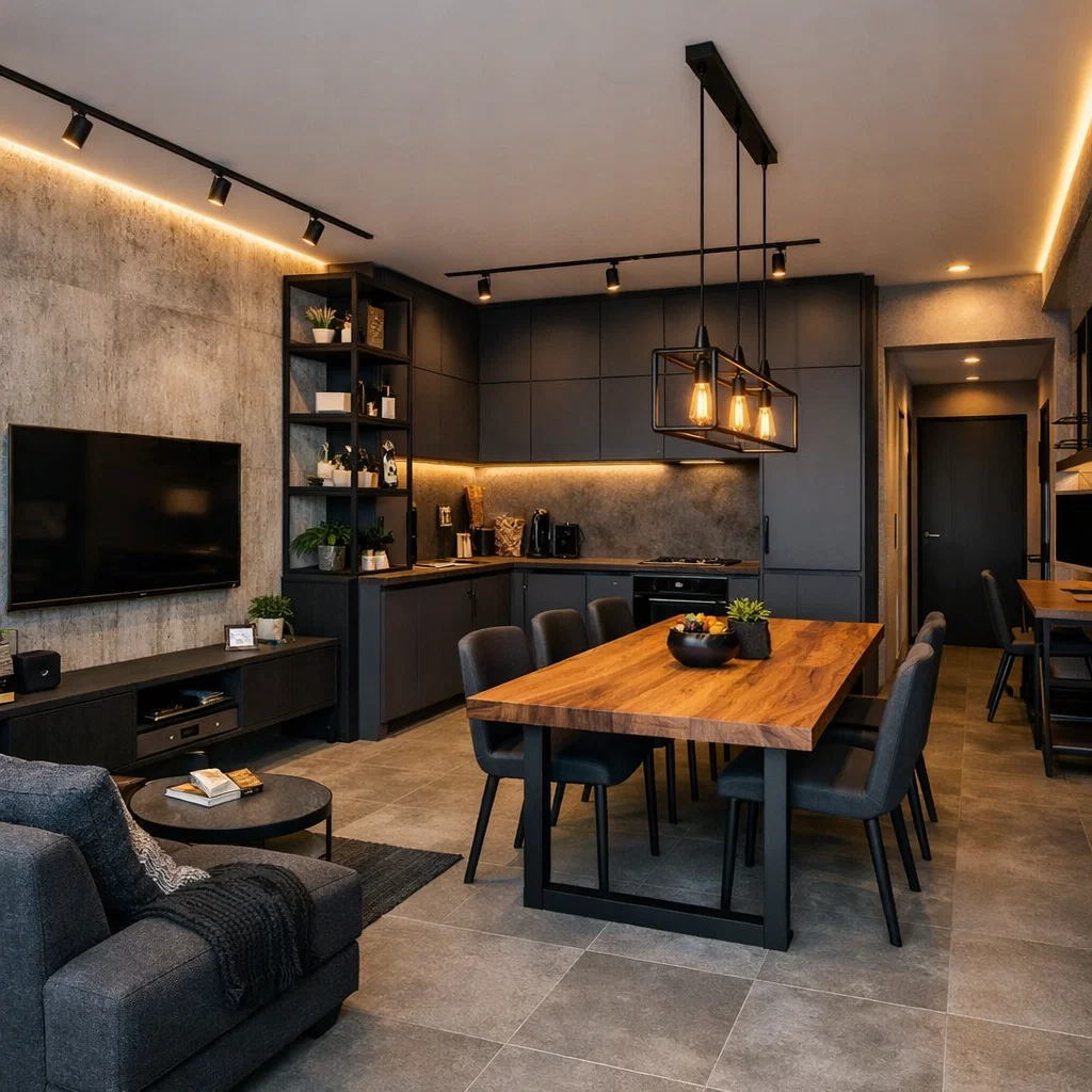 Industrial modern 6x10 yang tegas—beton tekstur, metal hitam, dan lighting rapi bikin ruang berkarakter tanpa terasa gelap