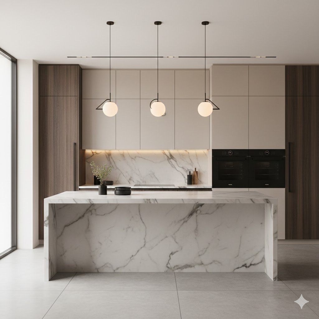Interior dapur modern mewah dengan island marmer waterfall, kabinet matte tanpa handle, dan pencahayaan hangat berlapis yang menciptakan suasana elegan dan eksklusif