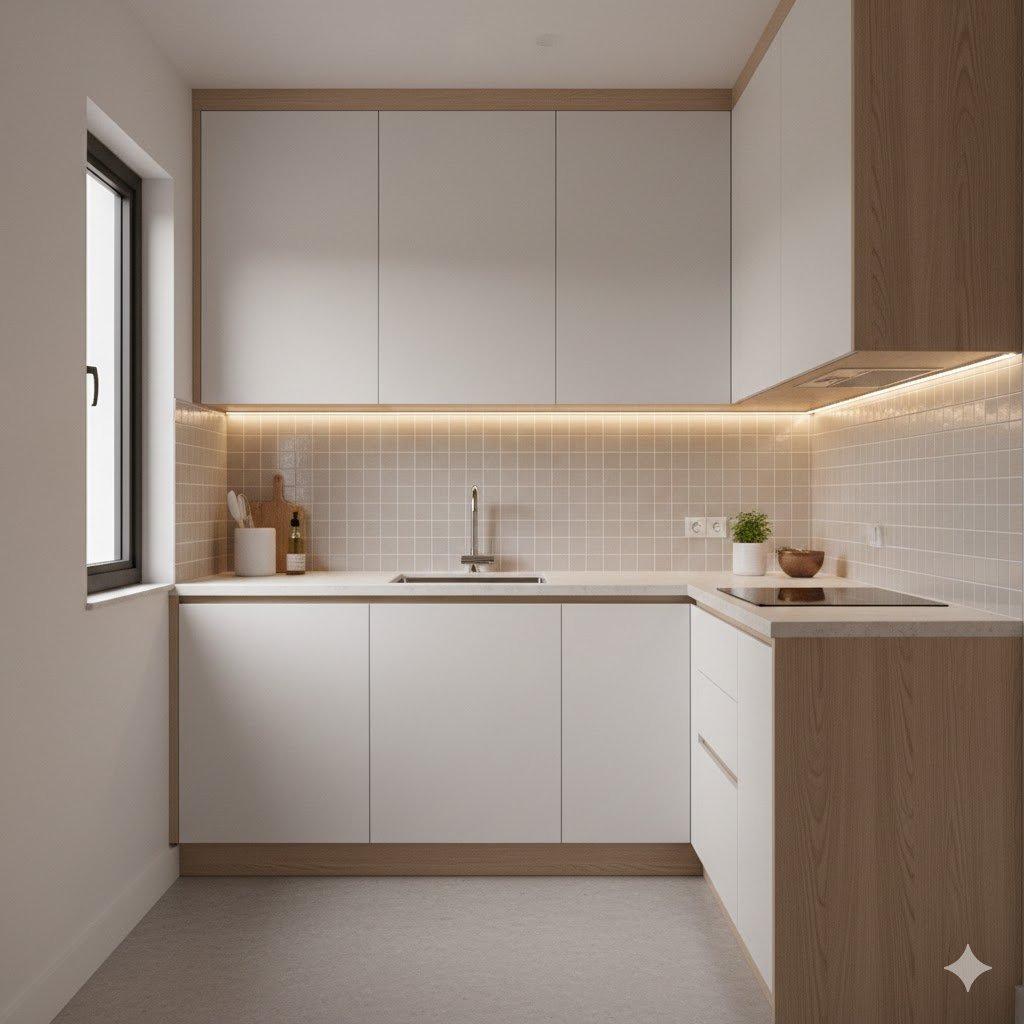Interior dapur sederhana dengan tata letak ringkas dan kombinasi warna terang serta kayu natural yang membuat ruang kecil terasa bersih dan nyaman