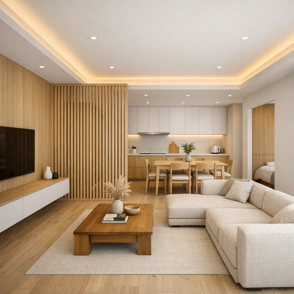 Japandi 6x10 yang terasa tenang dan hangat—ruang tampak lega berkat partisi slat, warna netral, dan built-in rapi