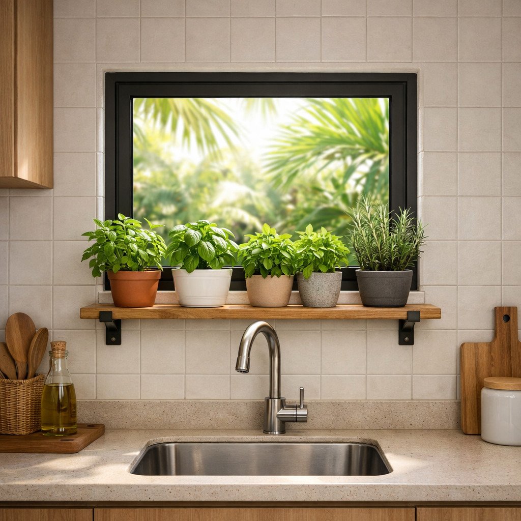 Jendela dapur kecil dengan rak tanaman yang segar dan natural