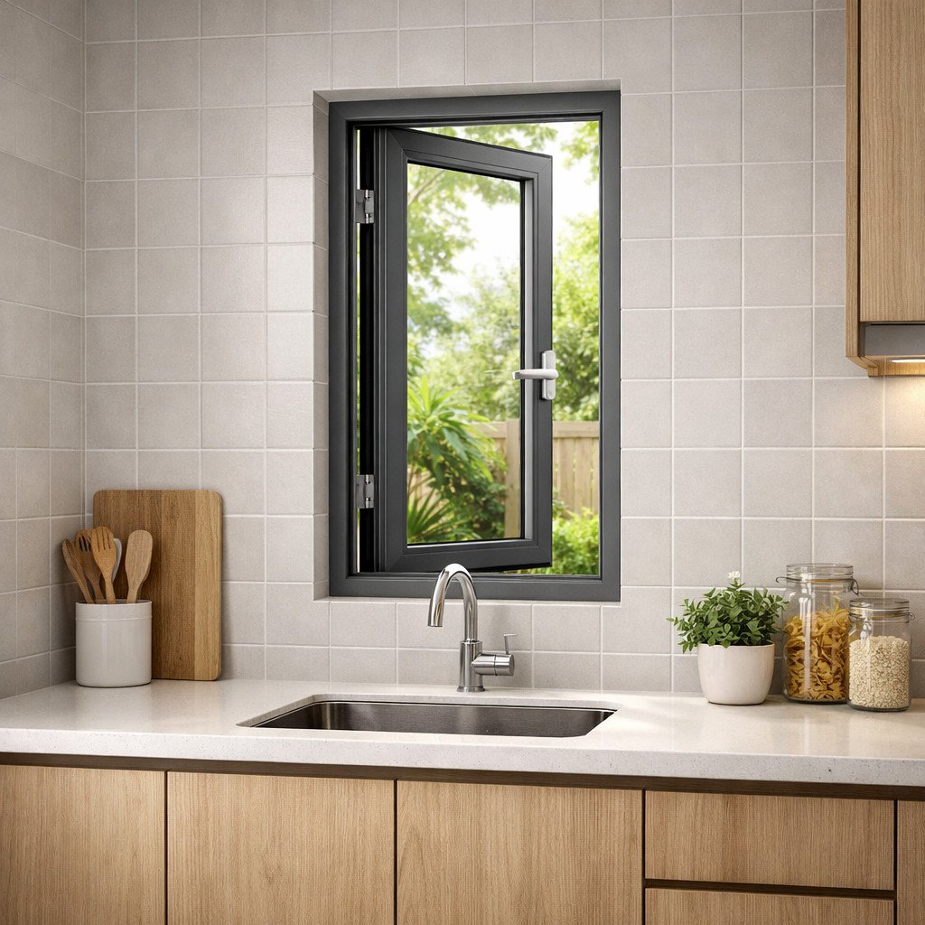 Jendela dapur kecil model casement yang memberi sirkulasi maksimal