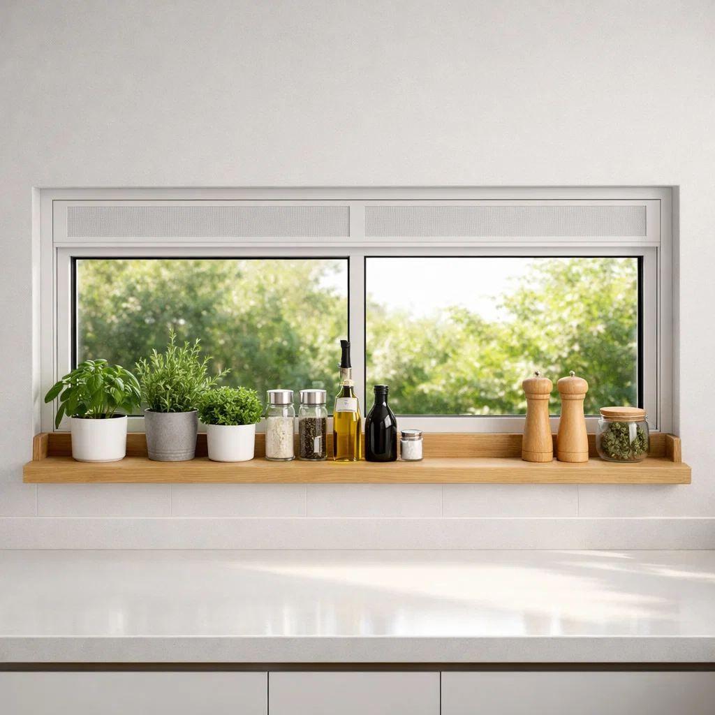 Jendela dapur minimalis dengan rak built-in ini memadukan pencahayaan alami dan fungsi penyimpanan, menghadirkan dapur yang lebih hidup, rapi, dan tetap efisien untuk ruang terbatas