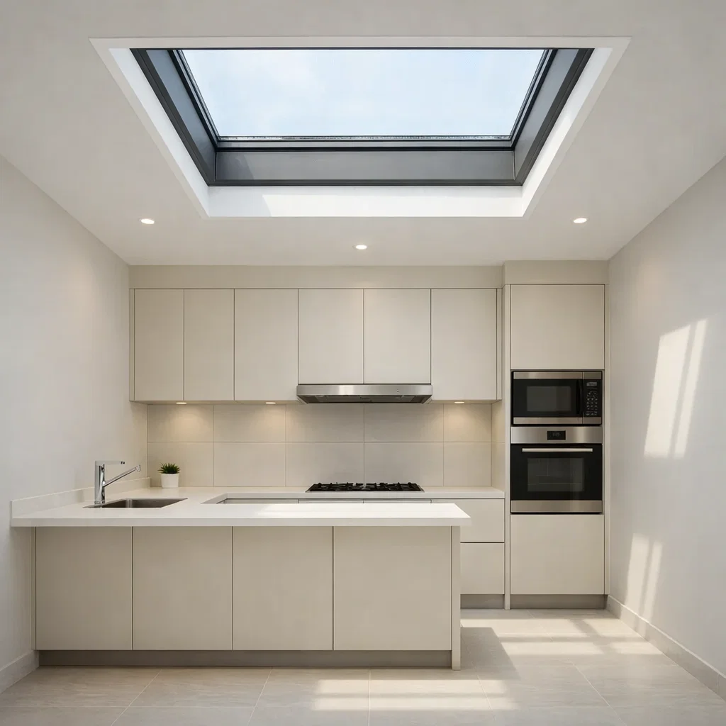 Jendela skylight pada dapur minimalis menjadi solusi cerdas untuk ruang tanpa bukaan samping—memberikan pencahayaan alami dari atas sekaligus menciptakan kesan ruang yang lebih tinggi dan lega