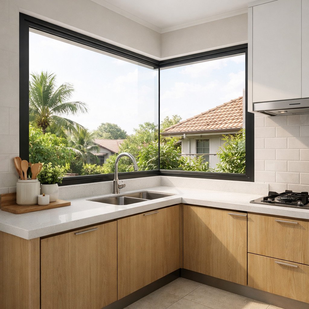 Jendela sudut kecil yang membuat dapur terasa jauh lebih luas