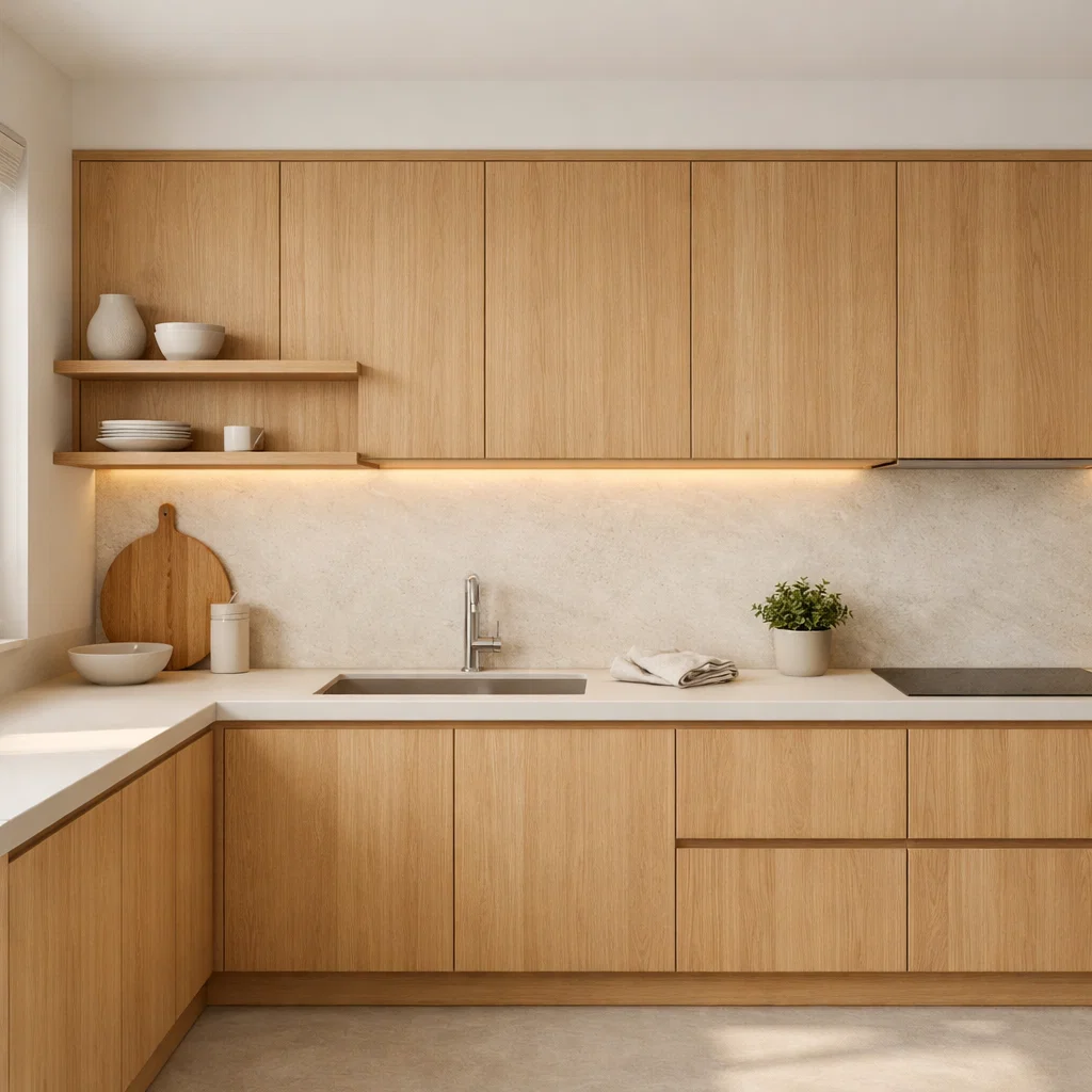 Kabinet dapur Japandi dengan dominasi warna kayu natural menciptakan suasana hangat dan tenang, menghadirkan keseimbangan antara estetika minimalis Jepang dan kenyamanan gaya Skandinavia