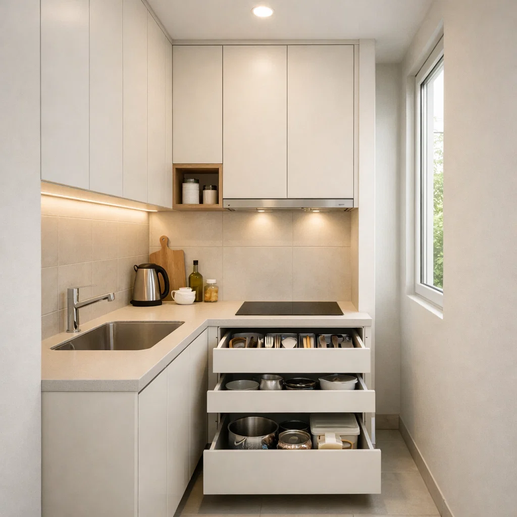 Kabinet dapur minimalis compact ini dirancang maksimal secara vertikal hingga plafon, memberikan solusi penyimpanan optimal untuk dapur kecil tanpa mengorbankan tampilan rapi dan modern