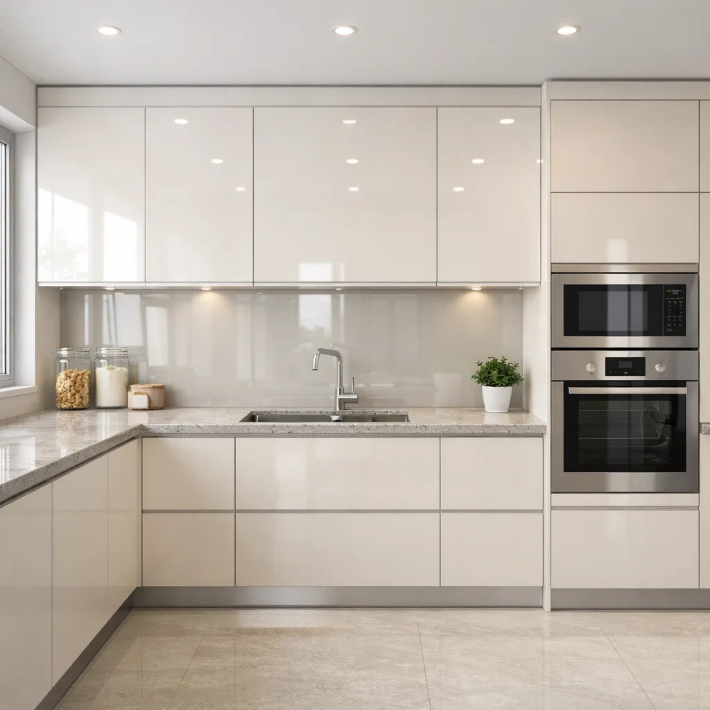 Kabinet dapur minimalis dengan finishing glossy menghadirkan kesan bersih, elegan, dan lebih terang—pilihan tepat untuk menciptakan dapur modern yang terlihat mewah dan lapang