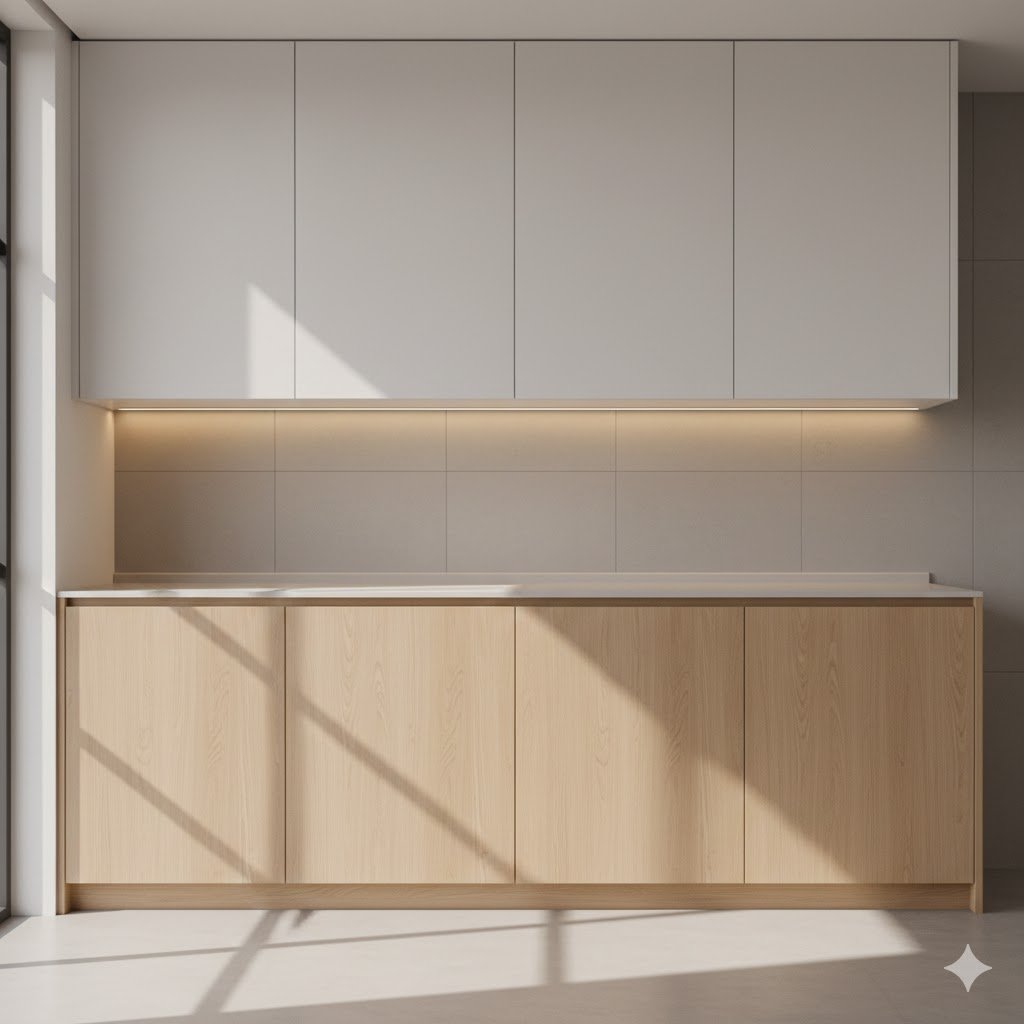 Kabinet dapur minimalis dengan kombinasi warna putih dan kayu terang yang rapi serta pencahayaan hangat menciptakan suasana dapur bersih dan modern