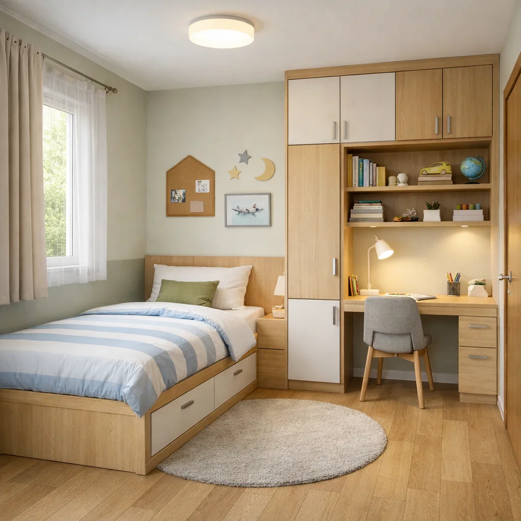 Kamar anak dengan penyimpanan pintar yang rapi dan nyaman belajar