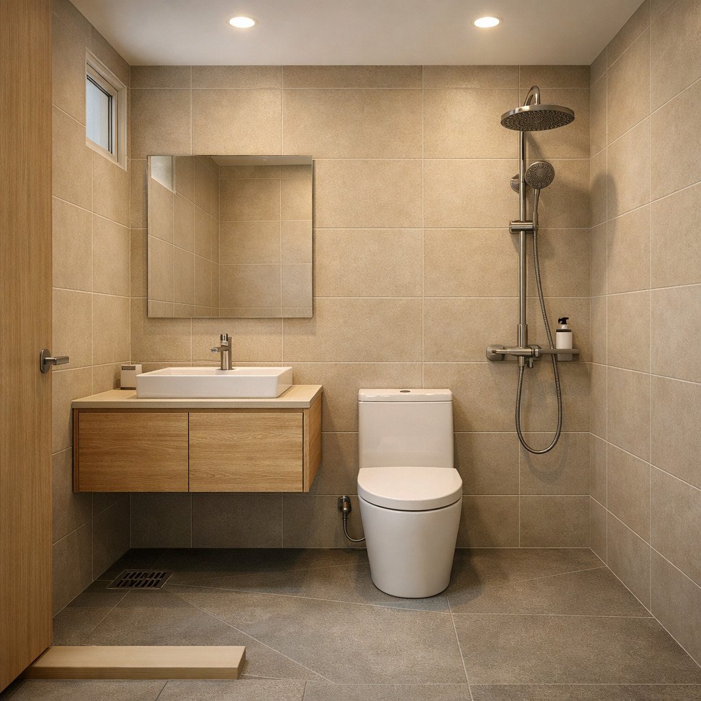 Kamar mandi Japandi minimal dengan nuansa hangat dan menenangkan