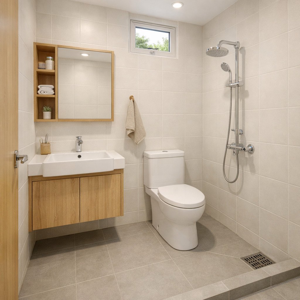 Kamar mandi Scandinavian yang terang, hangat, dan terasa lapang