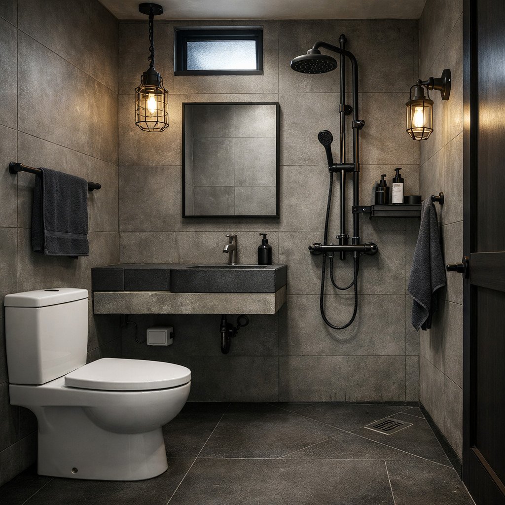 Kamar mandi industrial dengan karakter kuat dan material ekspos