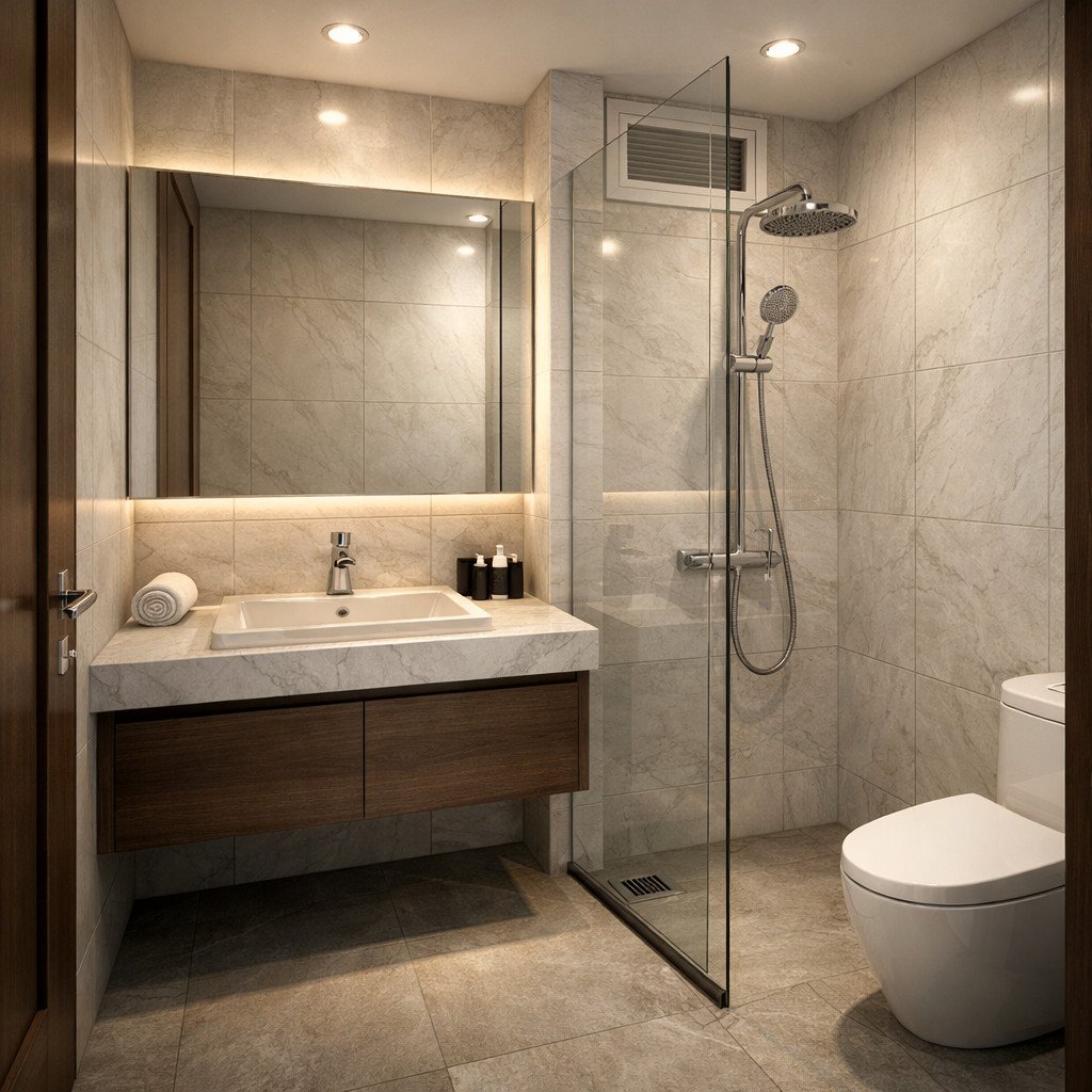 Kamar mandi kecil dengan material marmer yang terasa mewah dan elegan