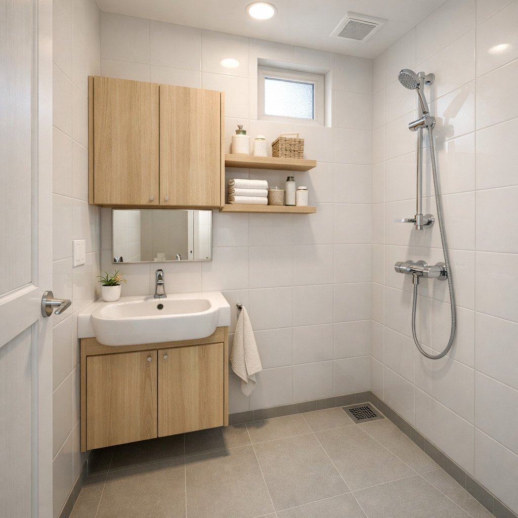 Kamar mandi minimalis Skandinavia yang terang dan terasa lega