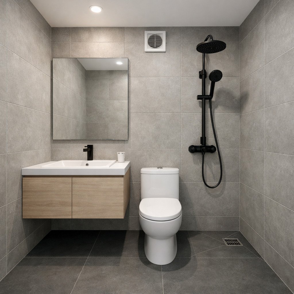 Kamar mandi minimalis abu modern yang elegan dan tenang