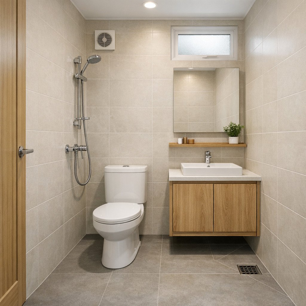 Kamar mandi minimalis dengan aksen kayu yang hangat dan homey