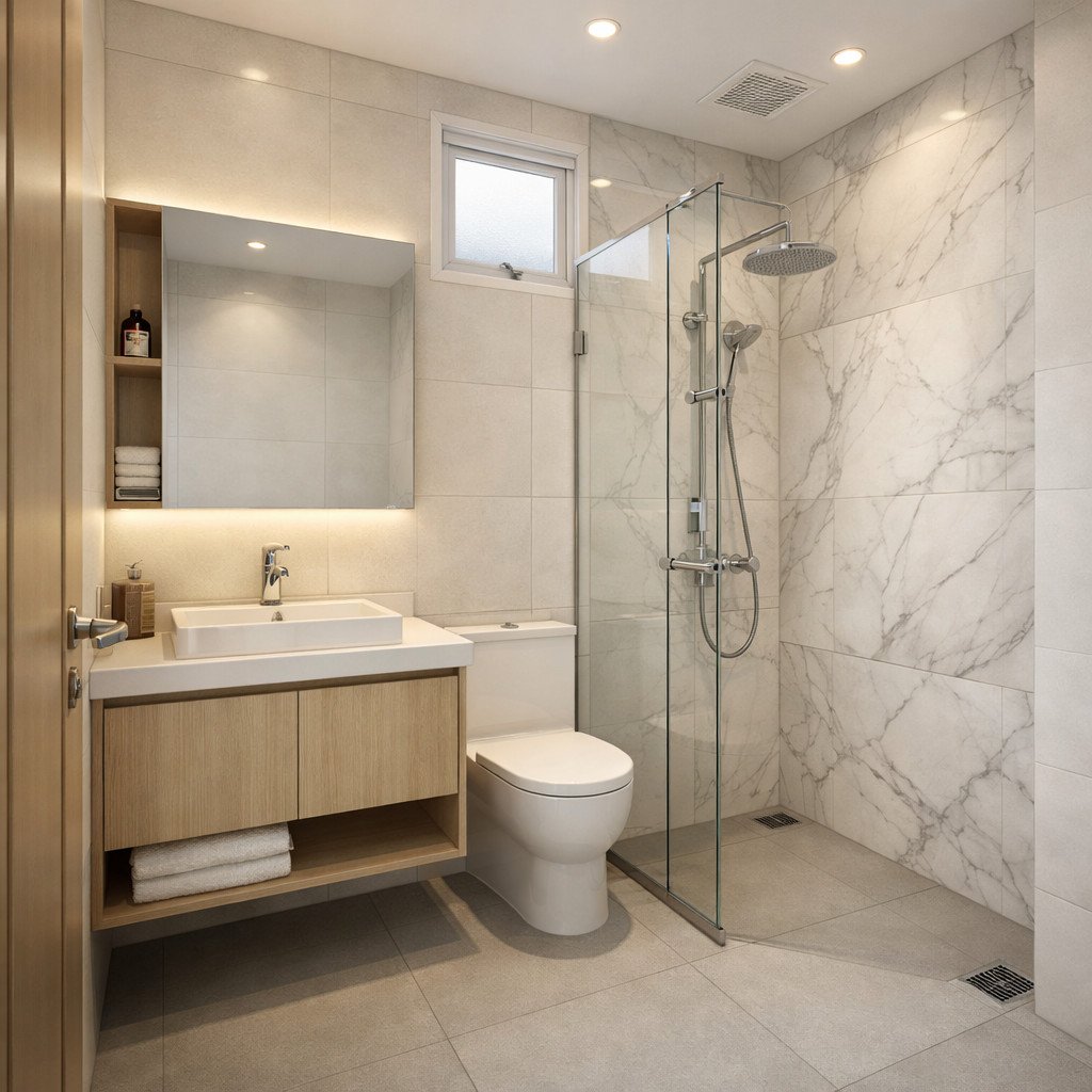 Kamar mandi minimalis dengan aksen marble yang elegan dan modern