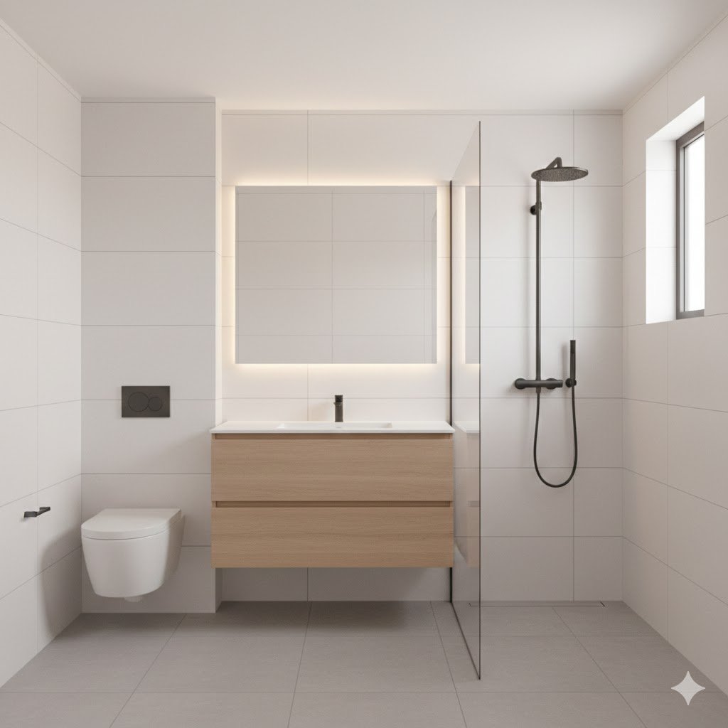 Kamar mandi minimalis dengan kombinasi warna putih dan abu lembut serta aksen kayu yang hangat dan pencahayaan modern yang nyaman