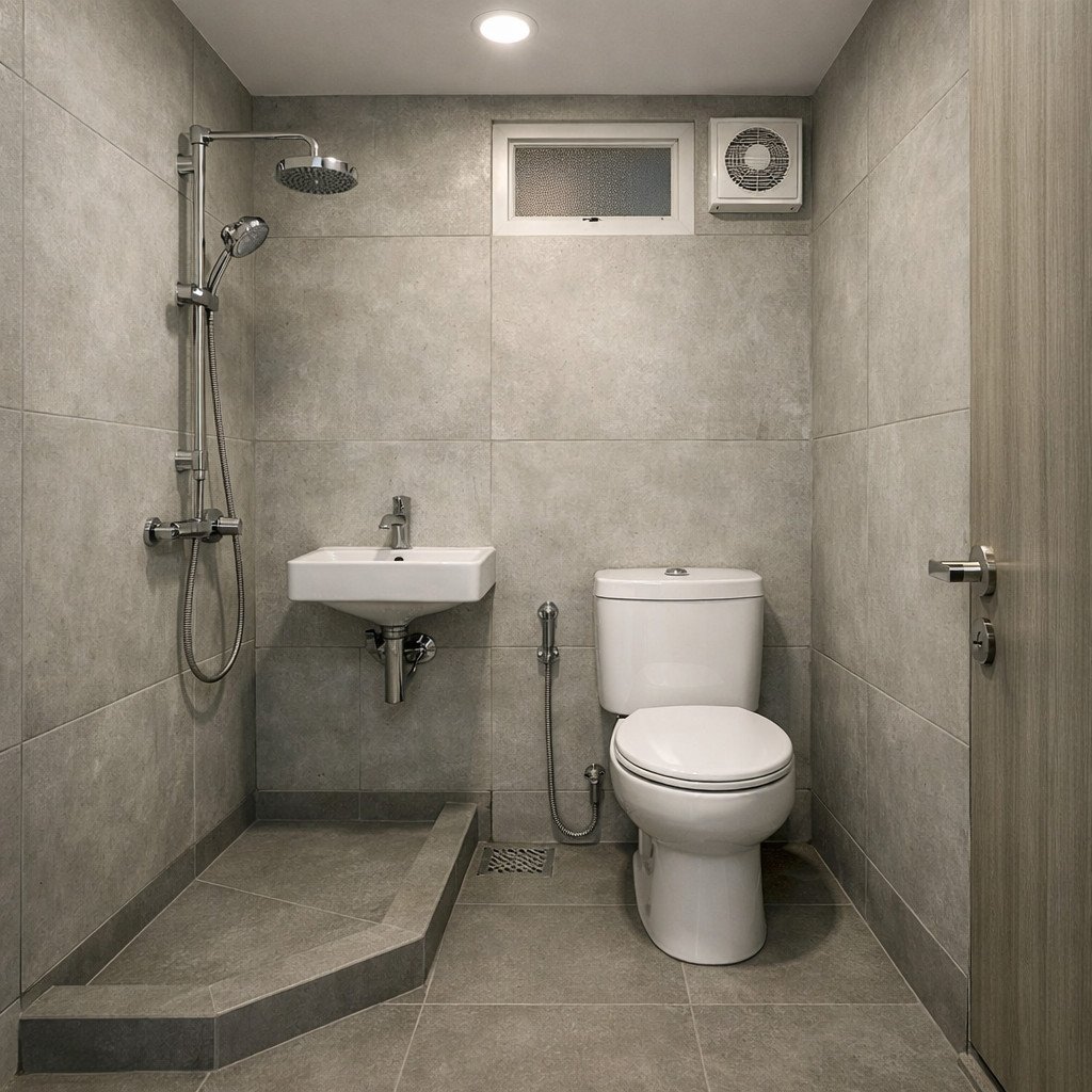 Kamar mandi minimalis industrial dengan tekstur beton yang simpel