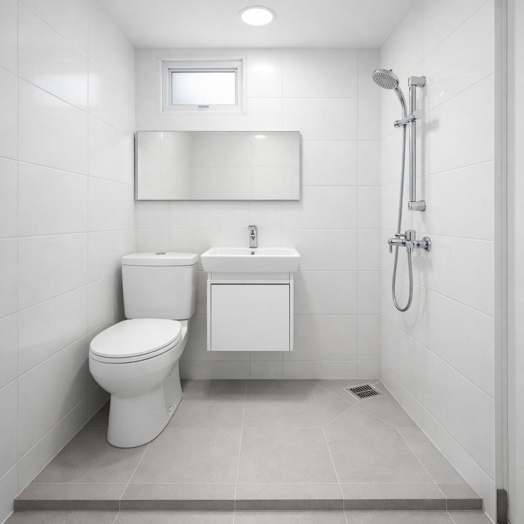 Kamar mandi minimalis putih bersih yang terang dan timeless