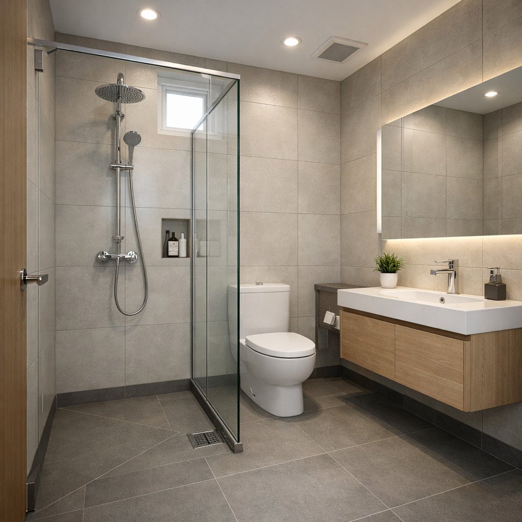 Kamar mandi modern dengan nuansa elegan dan desain yang bersih