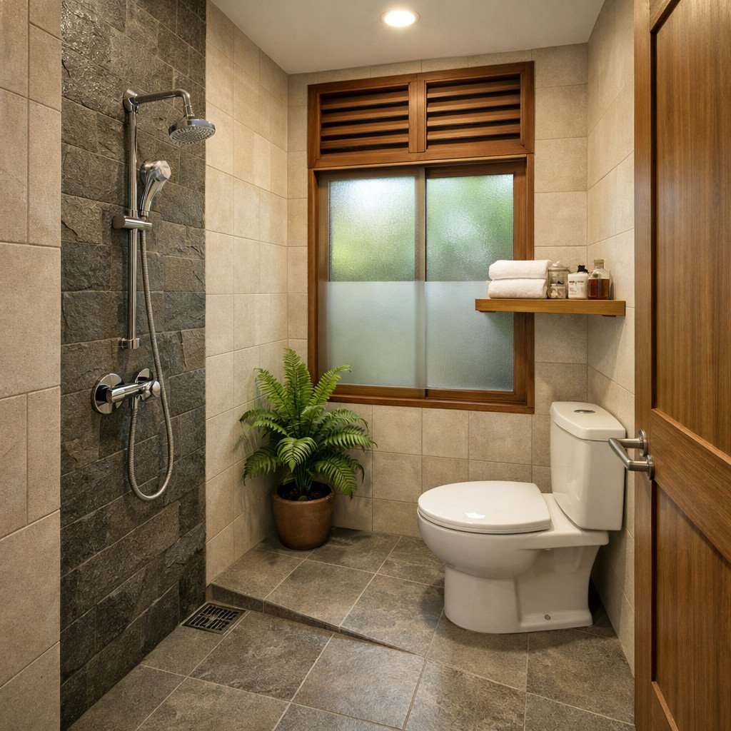 Kamar mandi tropis dengan nuansa alami yang segar dan menenangkan