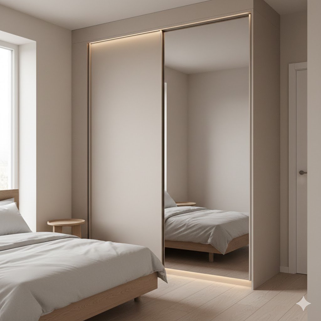 Kamar sempit dengan lemari built-in full height dan pintu sliding bercermin yang menyatu rapi sehingga ruang terlihat lebih lega dan terang