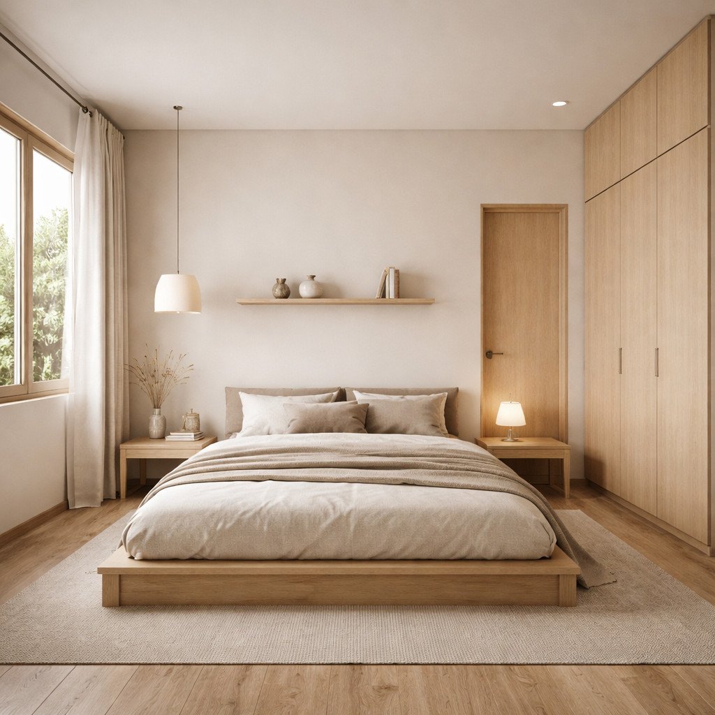 Kamar tidur Japandi minimalis yang tenang dengan sentuhan kayu natural