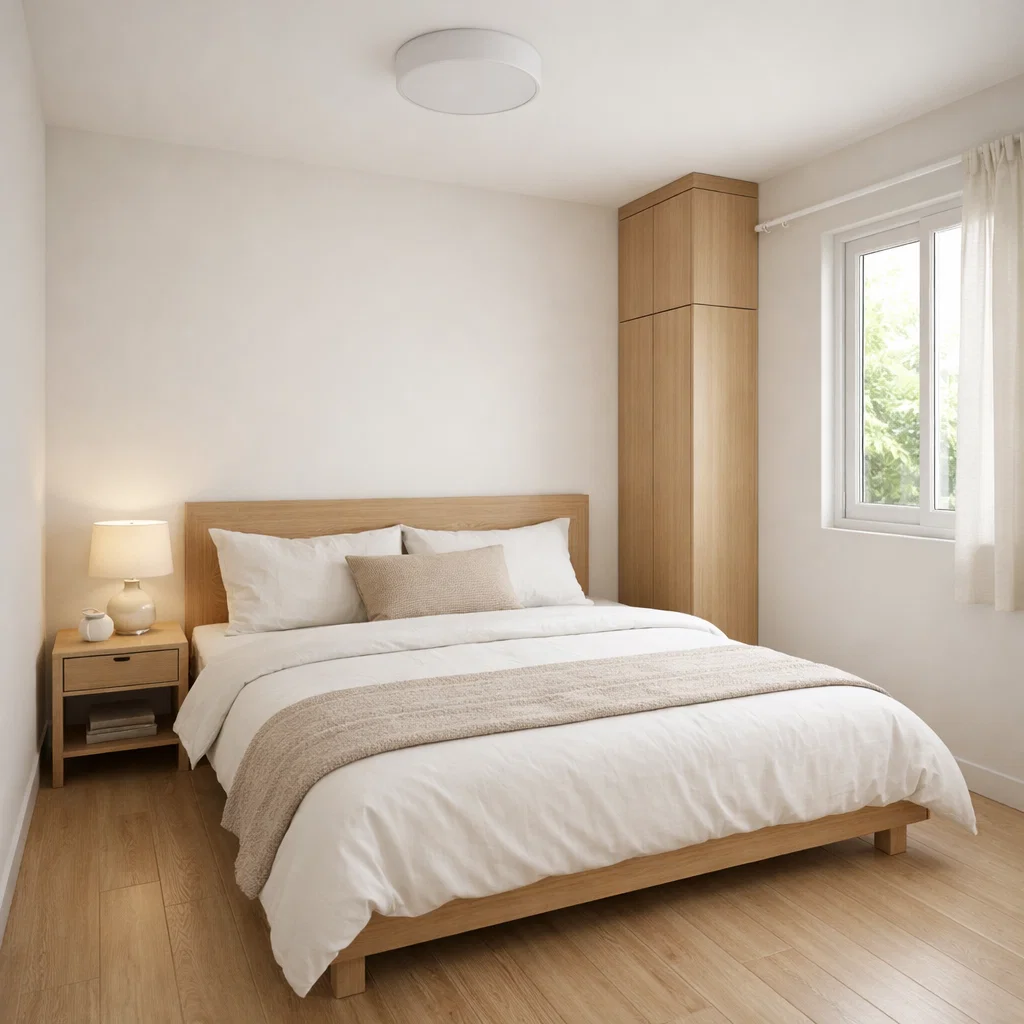 Kamar tidur Scandinavian yang terang, simpel, dan terasa luas