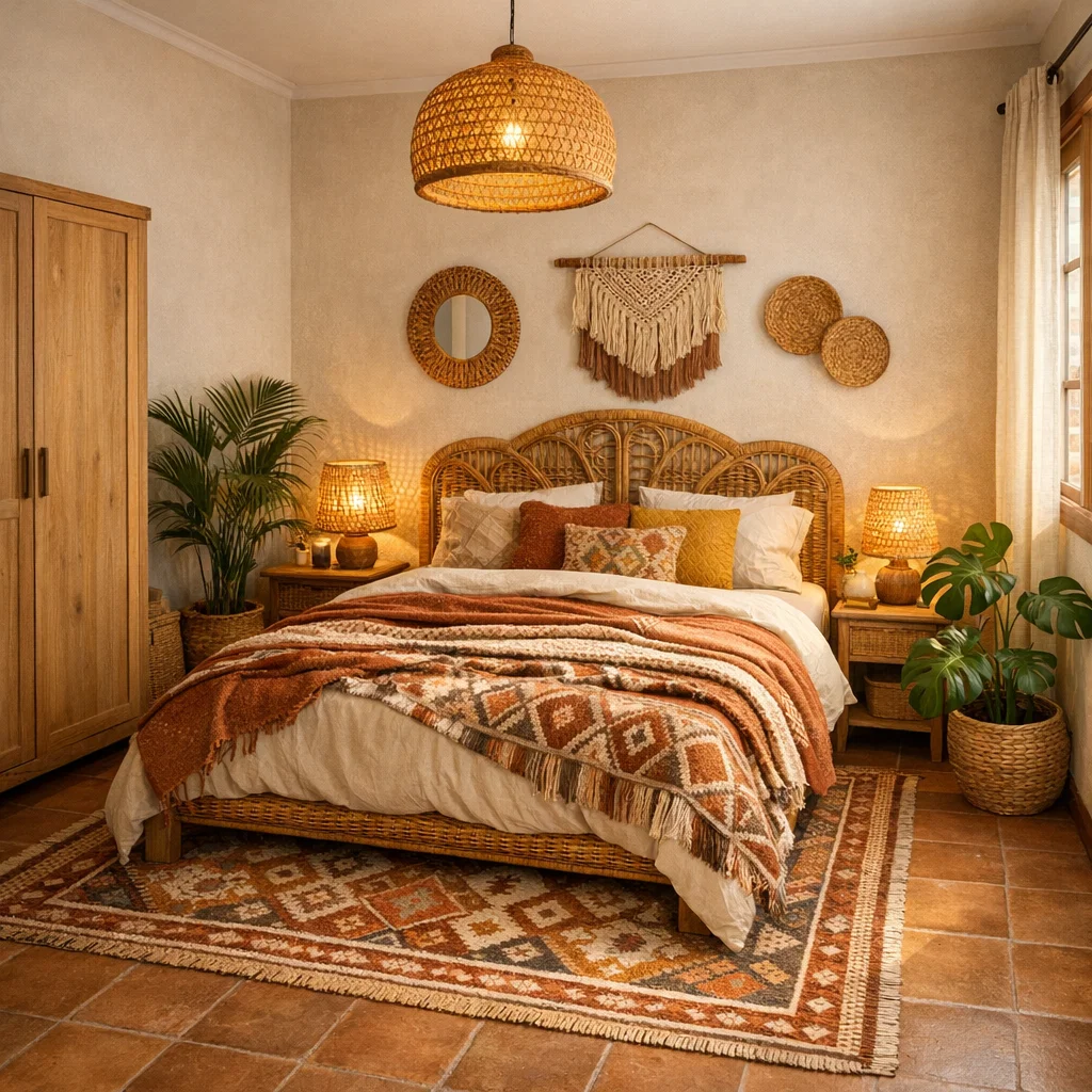 Kamar tidur bohemian hangat dengan tekstur alami dan suasana santai