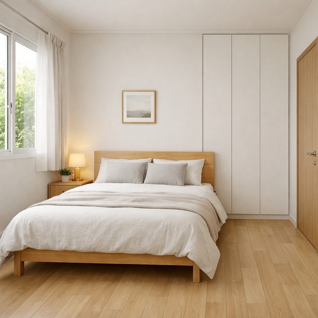 Kamar tidur minimalis Scandinavian yang terang, hangat, dan rapi