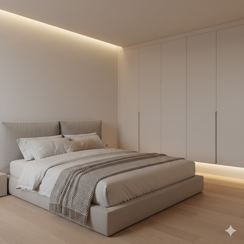 Kamar tidur minimalis dengan palet warna netral hangat, ranjang rendah modern, dan lemari built-in yang rapi menciptakan suasana tenang dan elegan
