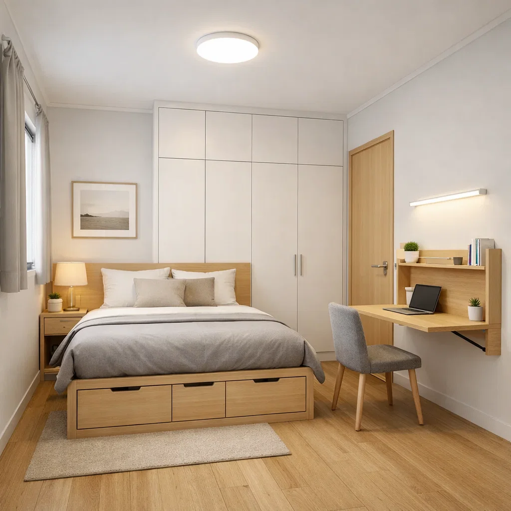 Kamar tidur minimalis dengan storage pintar untuk ruang kecil