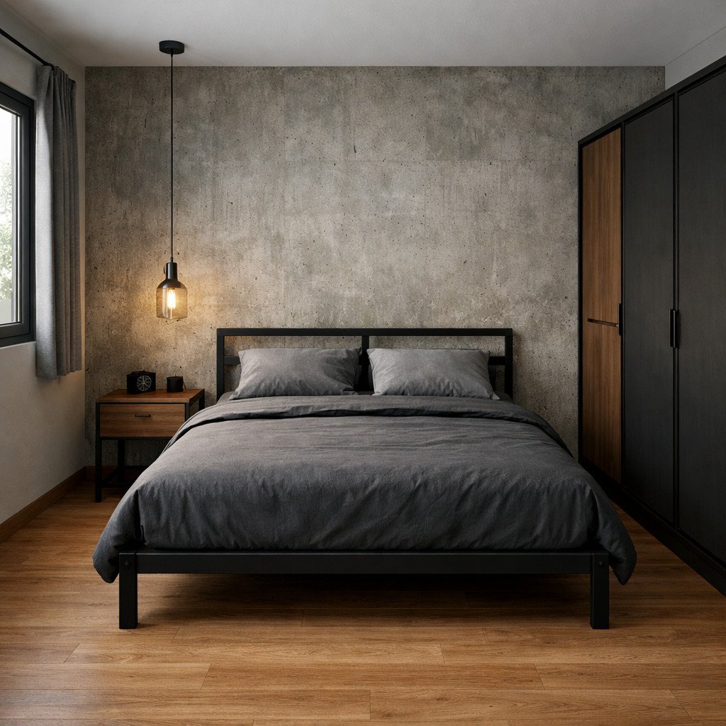 Kamar tidur minimalis industrial dengan karakter kuat dan modern