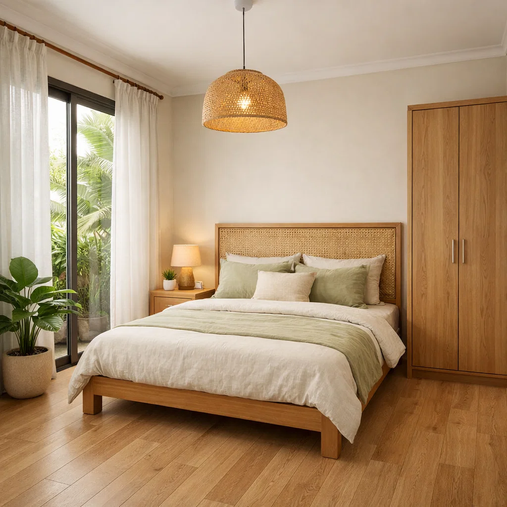 Kamar tidur minimalis tropis yang segar dan terasa alami