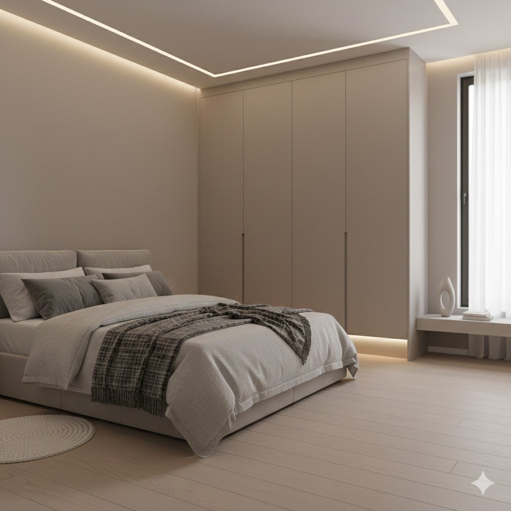 Kamar tidur modern dengan komposisi rapi dan pencahayaan hangat yang menciptakan suasana tenang serta nyaman untuk beristirahat