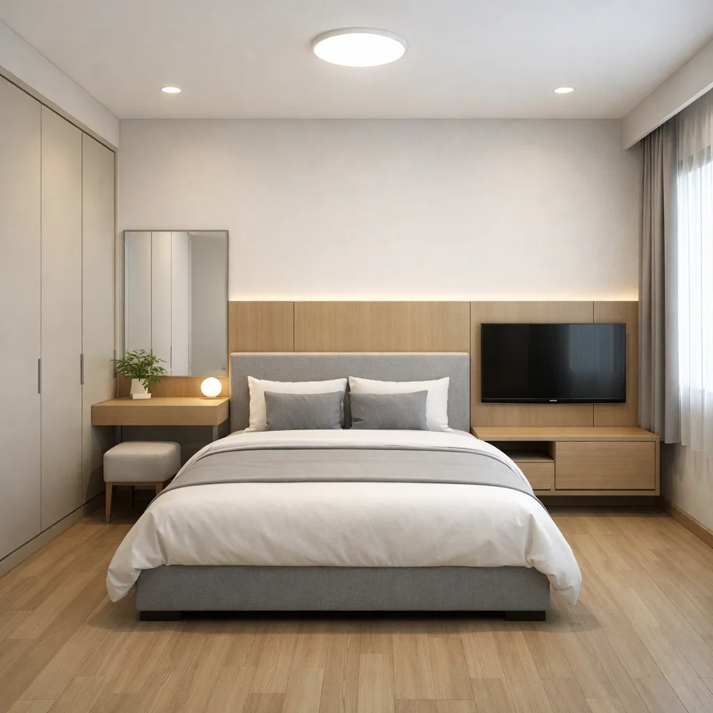 Kamar tidur modern minimalis yang rapi dan elegan