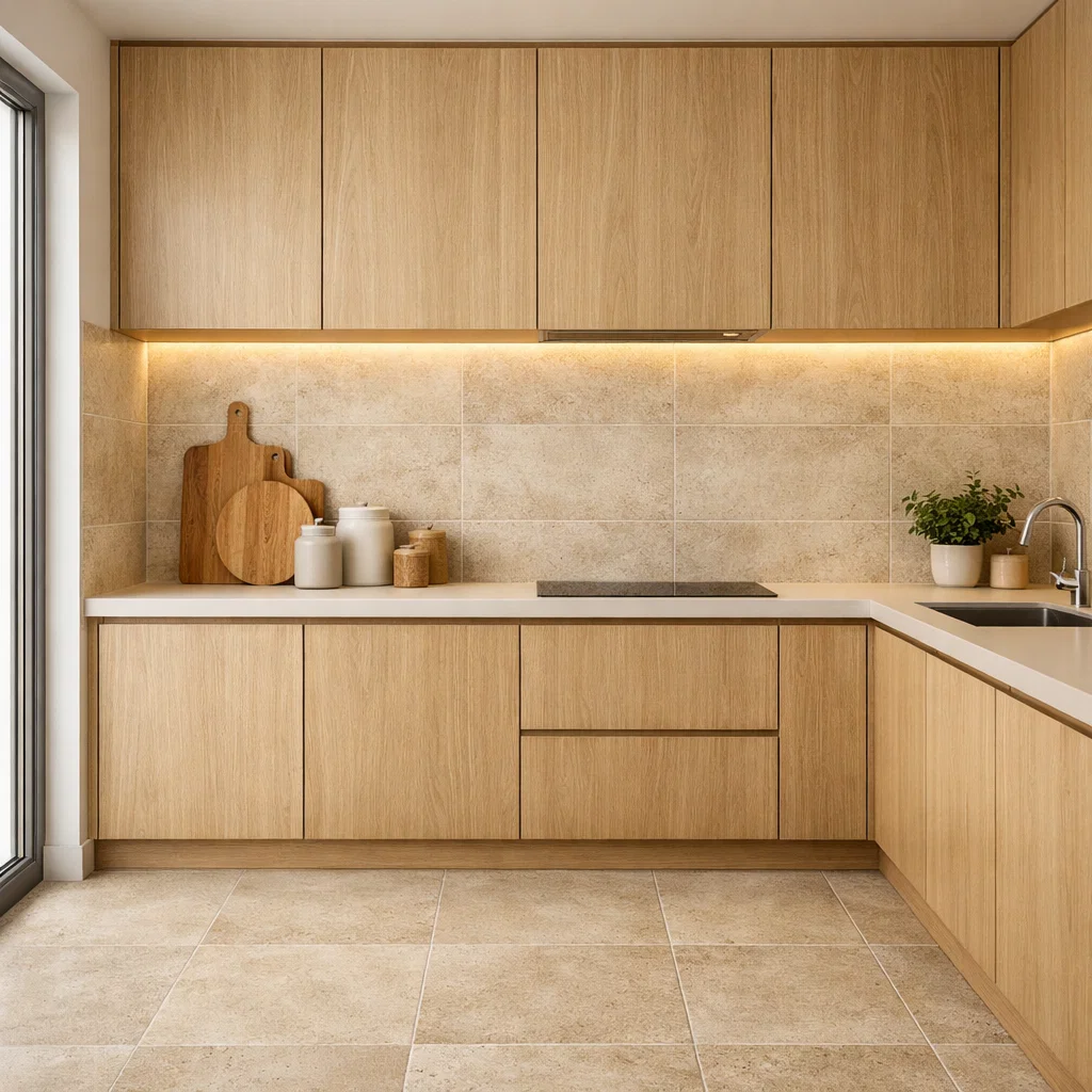 Keramik dapur dengan tampilan stone look menghadirkan nuansa hangat dan natural yang timeless, tidak mudah terlihat kotor, serta cocok dipadukan dengan elemen kayu untuk menciptakan dapur yang nyaman dan elegan