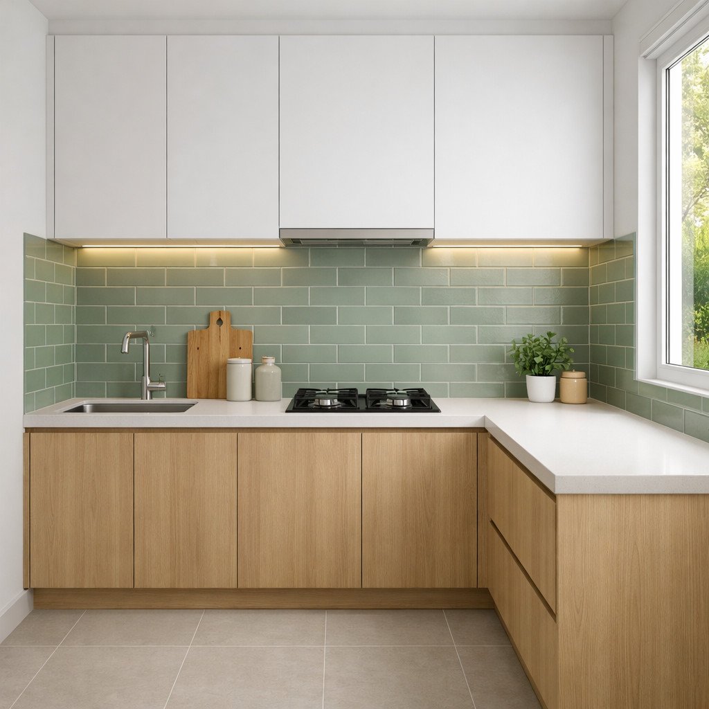 Keramik dapur warna hijau sage menghadirkan nuansa segar dan natural tanpa terasa berlebihan—pilihan sempurna untuk dapur minimalis yang ingin tampil beda namun tetap elegan dan mudah dipadukan