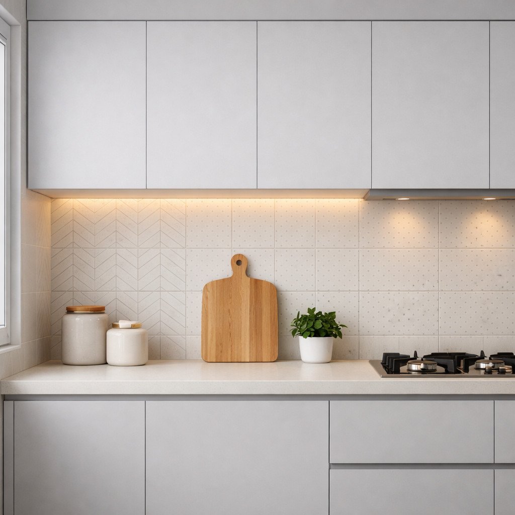 Keramik dinding dengan pola minimal memberikan sentuhan artistik tanpa membuat dapur terasa ramai—pilihan tepat untuk kamu yang ingin dapur tetap clean, tapi tidak monoton
