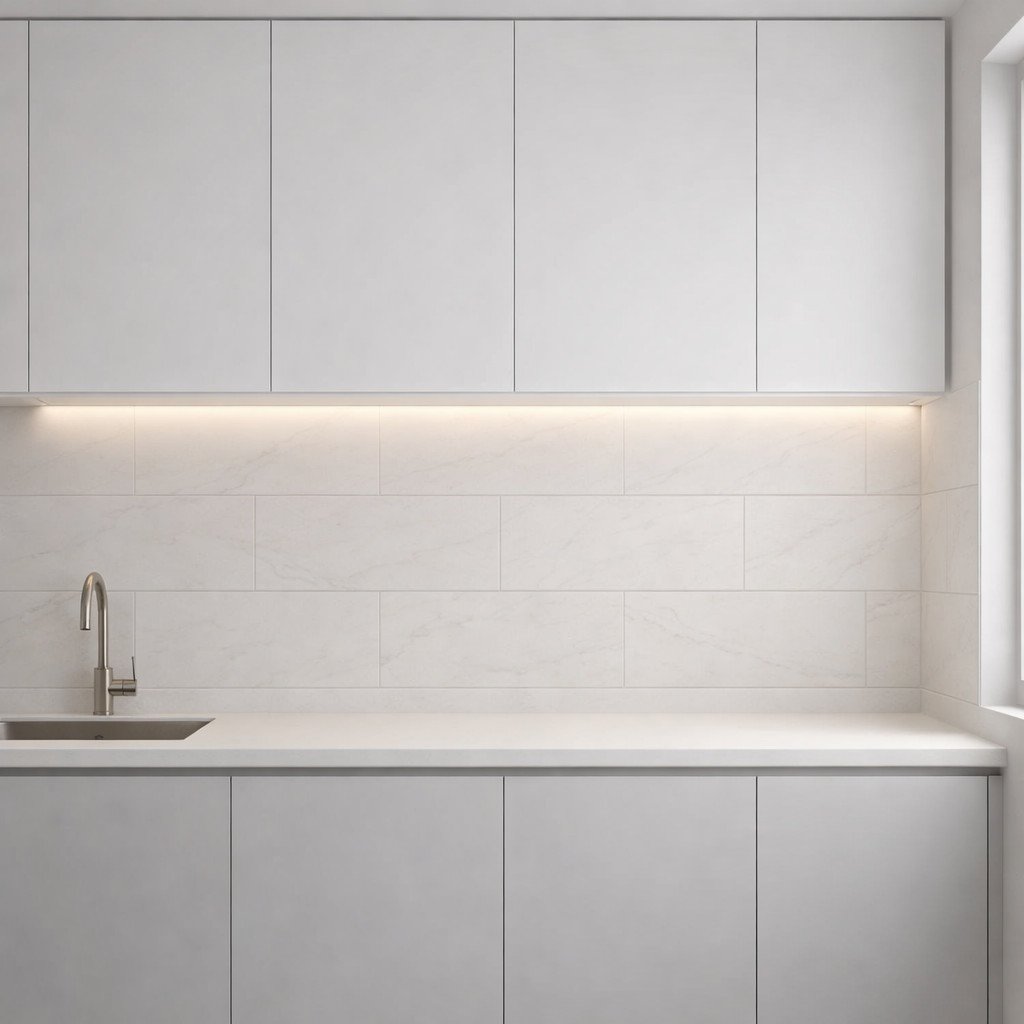 Keramik dinding motif marmer ini menghadirkan kesan elegan dan mahal tanpa harus menggunakan marmer asli—pilihan cerdas untuk dapur minimalis yang ingin tampil mewah namun tetap terkontrol budgetnya