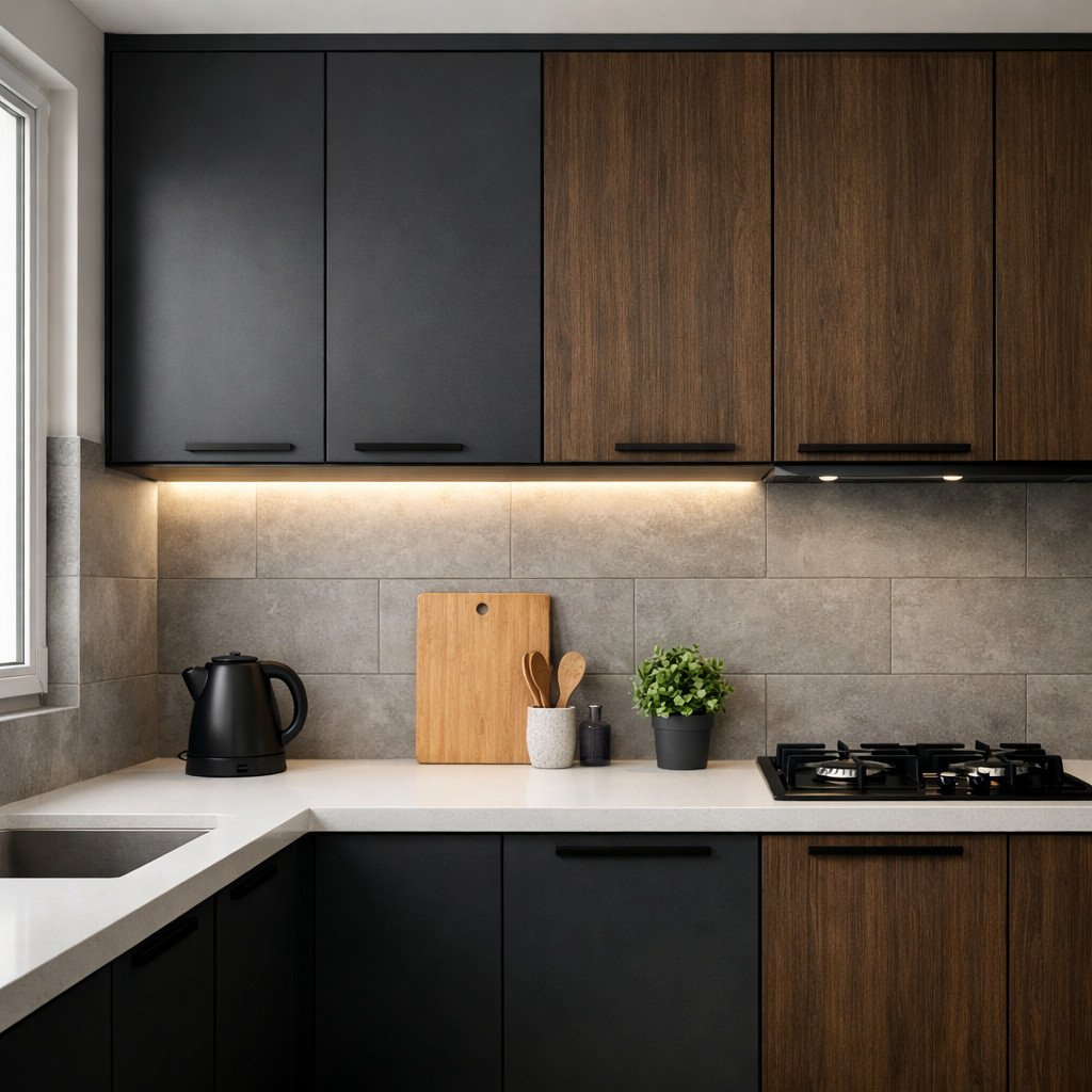 Keramik motif beton memberikan tampilan dapur yang tegas, modern, dan maskulin—pilihan ideal untuk gaya industrial yang tetap simpel, tahan lama, dan tidak mudah terlihat kotor