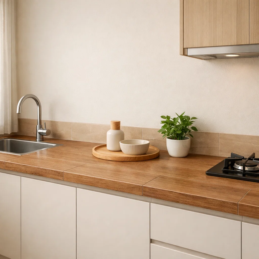 Keramik motif kayu pada meja dapur memberikan nuansa hangat dan natural tanpa khawatir terhadap kelembapan—pilihan ideal untuk dapur minimalis yang nyaman dan estetik