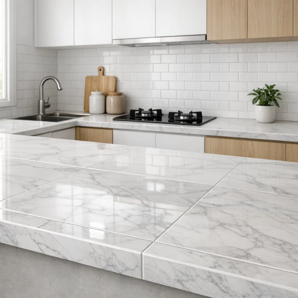Keramik motif marble putih pada meja dapur ini menghadirkan kesan bersih, elegan, dan timeless—pilihan tepat untuk menciptakan dapur minimalis yang terang tanpa terlihat berlebihan
