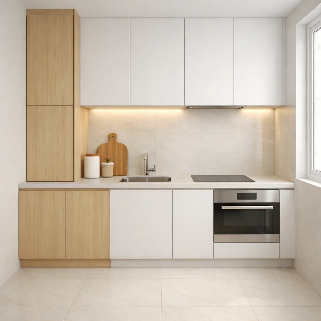 Keramik motif marmer soft dengan warna lembut menghadirkan kesan elegan tanpa berlebihan, membuat dapur terasa lebih terang, bersih, dan modern dengan nuansa quiet luxury yang menenangkan
